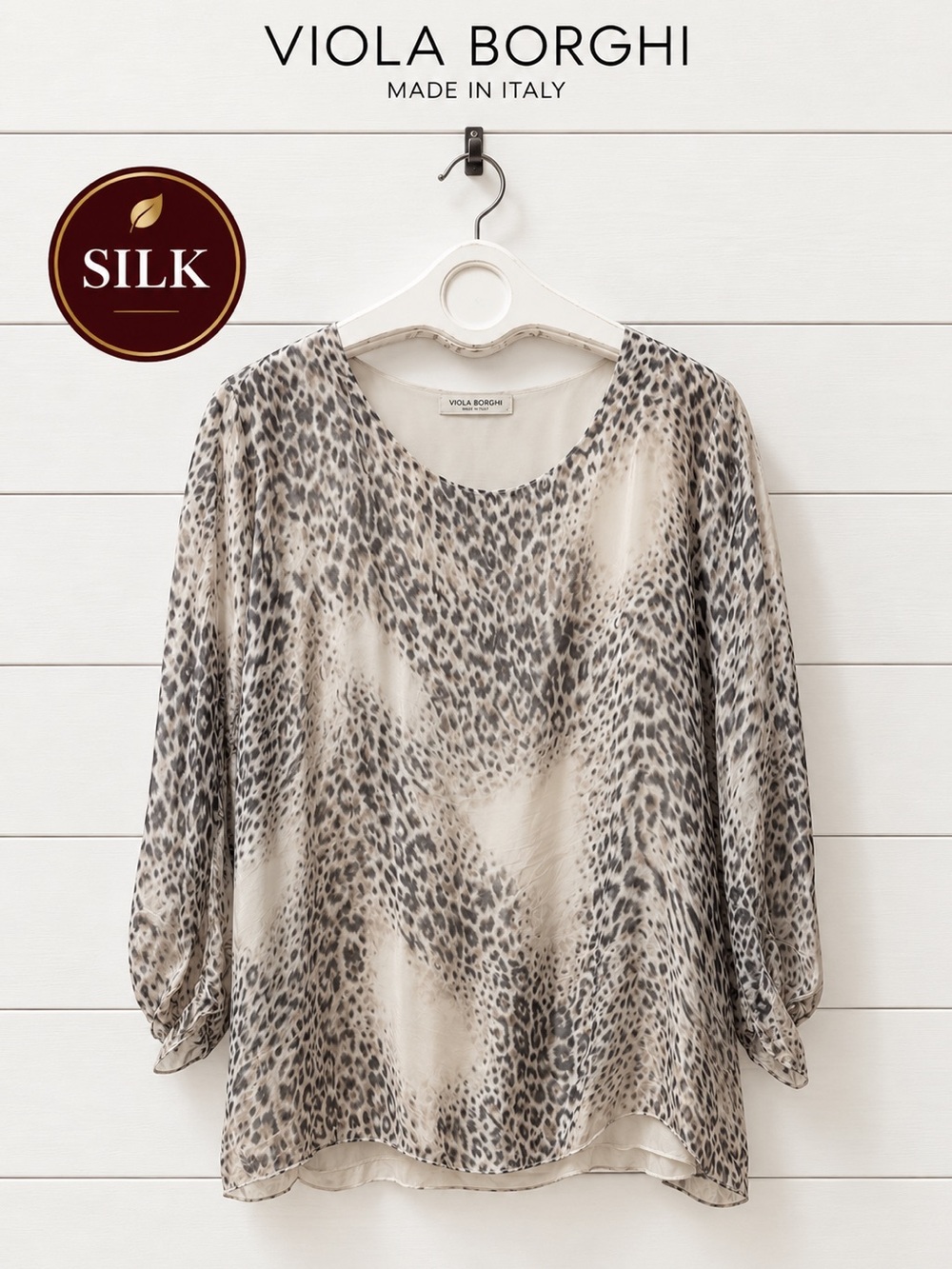VIOLA BORGHI Gray Animal Print Silk-Feel Blouse Size 1X